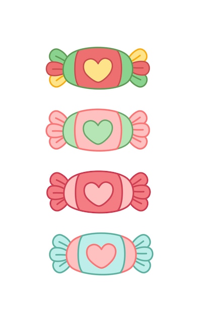 Caramelos Caramelos con corazones Conjunto de dibujos animados Ilustración vectorial aislada eps 10