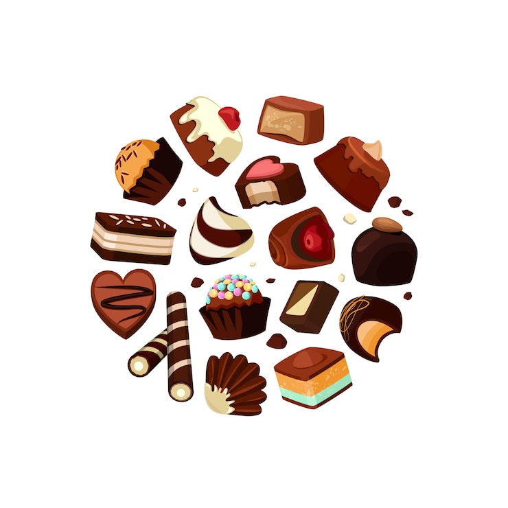 Vector caramelos de chocolate de dibujos animados se reunieron en círculo aislado en blanco