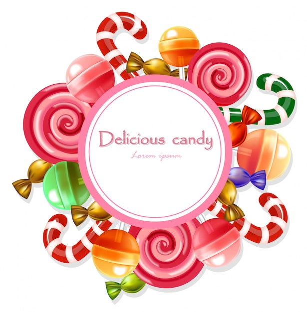 Vector caramelos deliciosos tarjeta redonda