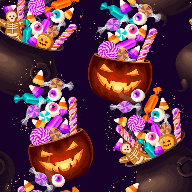 Vector caramelos dulces de halloween con un patrón sin costuras