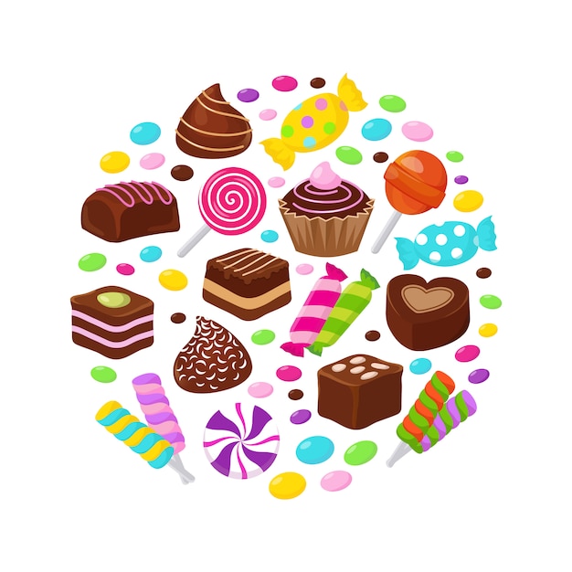 Vector caramelos de frutas coloridas e iconos planos de dulces de chocolate en diseño de círculo