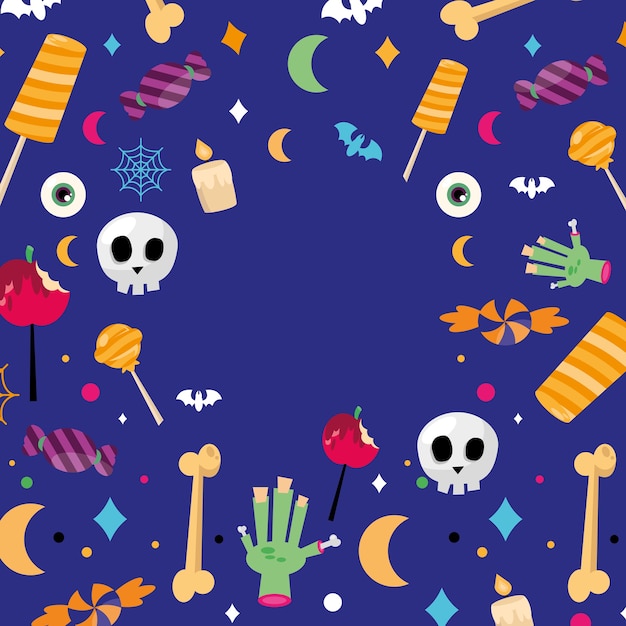 Caramelos de halloween en el diseño de fondo azul, tema de miedo