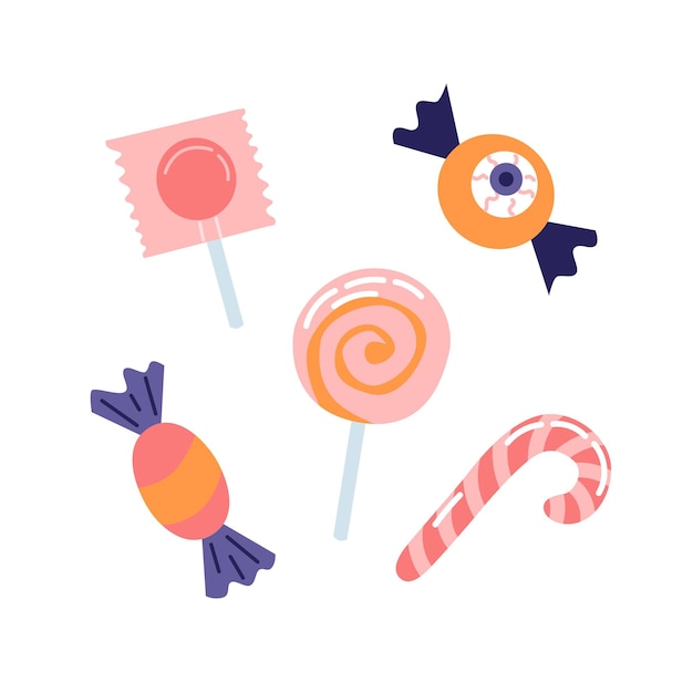 Caramelos de Halloween elementos festivos lindos ilustración vectorial en estilo plano