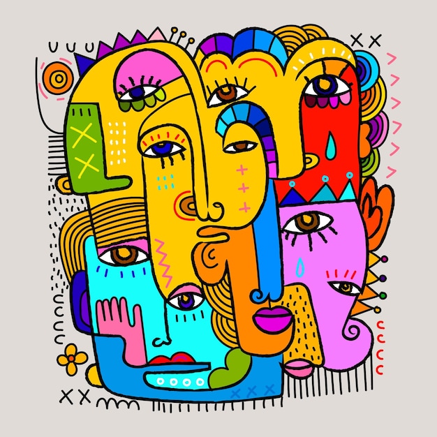 Caras abstractas coloridas retrato decorativo dibujado a mano dibujo ilustración vectorial diseño de arte de pared
