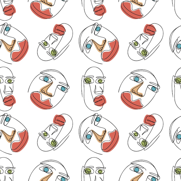 Caras abstractas dibujadas a mano de una línea moderna Patrón sin costuras