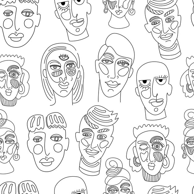 Caras abstractas modernas. Retrato de mujer hombre mujer contemporánea. Ilustración de moda de contorno dibujado a mano. Línea continua, concepto minimalista. Patrón sin costuras.