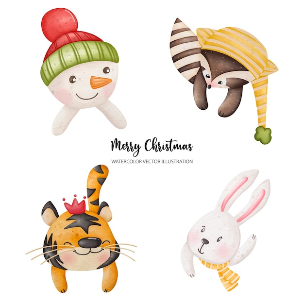 Caras de animales divertidos en invierno y Navidad Composición navideña Ilustración vectorialxDxA