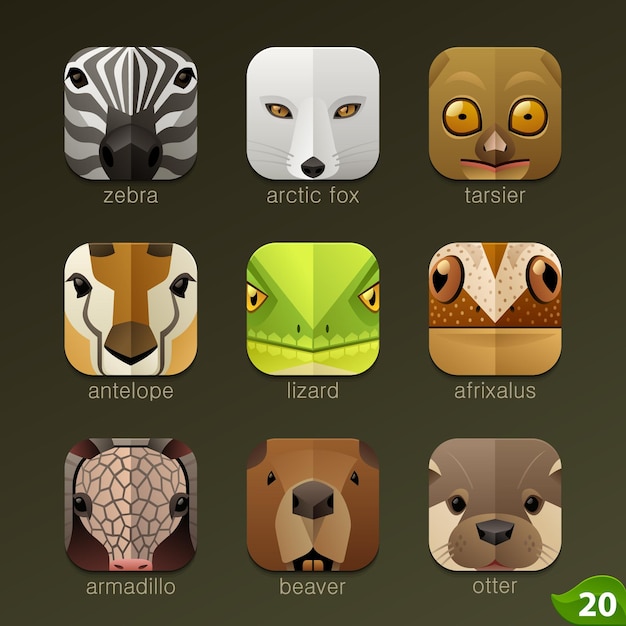 Vector caras de animales para iconos de aplicaciones set 20