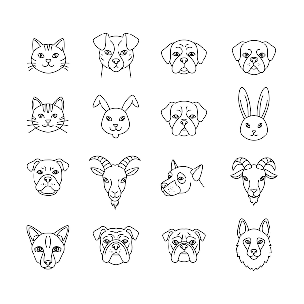 caras de animales lindos conjunto vectorial diseño de contorno con gatos perros tigre león lobo y ciervo ilustraciones