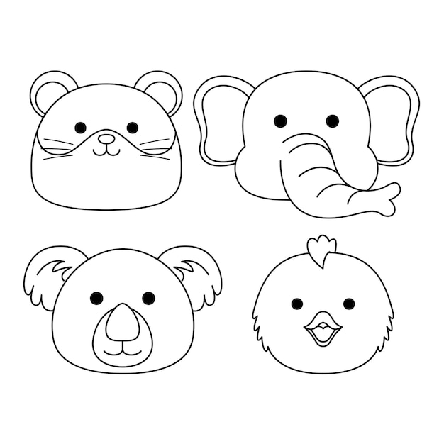 caras de animales lindos libro de colorear ilustración vectorial