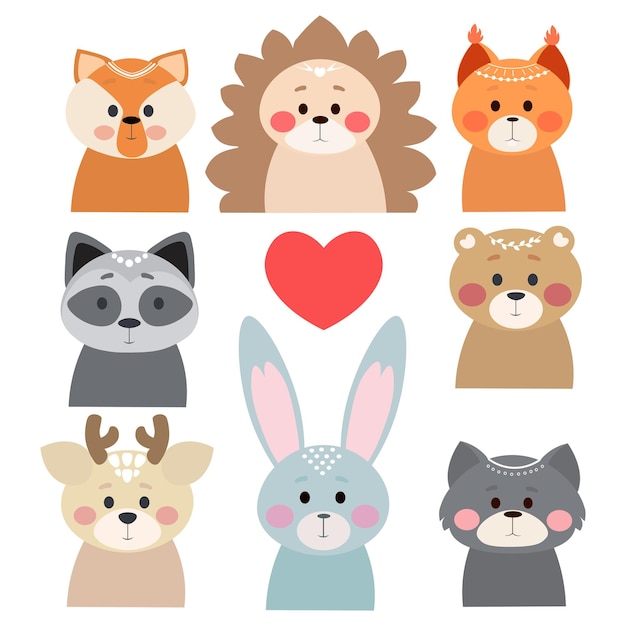 Caras de animales lindos Personajes dibujados a mano Ilustración vectorial