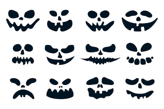 Vector caras aterradoras de halloween con diferentes expresiones y emociones. ojos y boca de fantasma de calabaza de helloween.