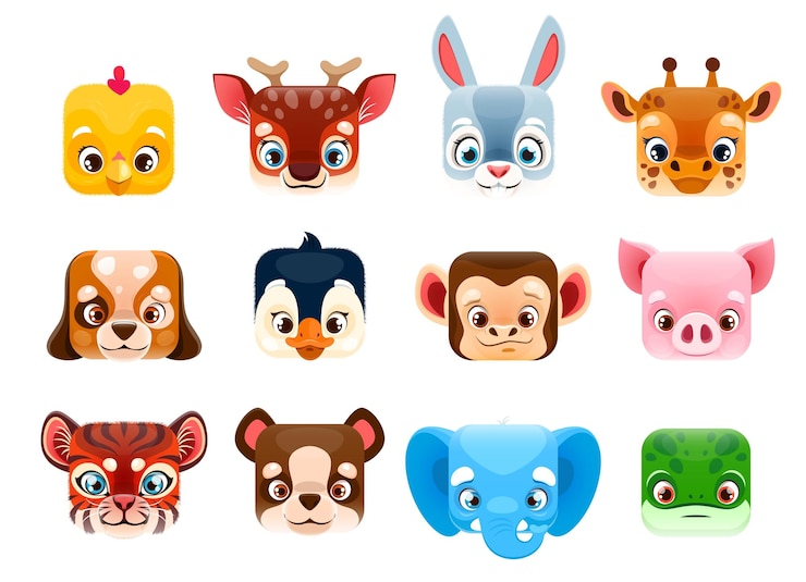 Vector caras y cabezas de animales cuadrados kawaii de dibujos animados