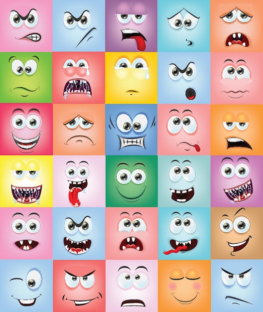 Vector caras cómicas abstractas con varias emociones estilo de dibujo de dibujos animados