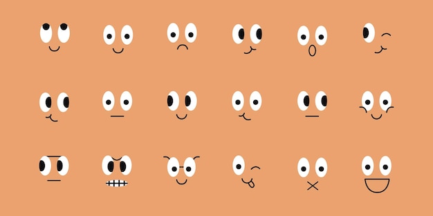 Caras cómicas abstractas con varios emoticonos y personajes. Diseño de dibujos animados de moda