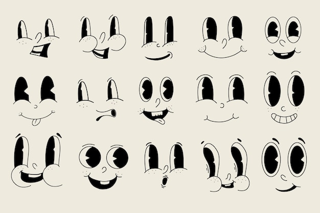 Vector caras cómicas maravillosas conjunto de emoji de dibujos animados retro colección de caras de personajes de dibujos animados en diferentes