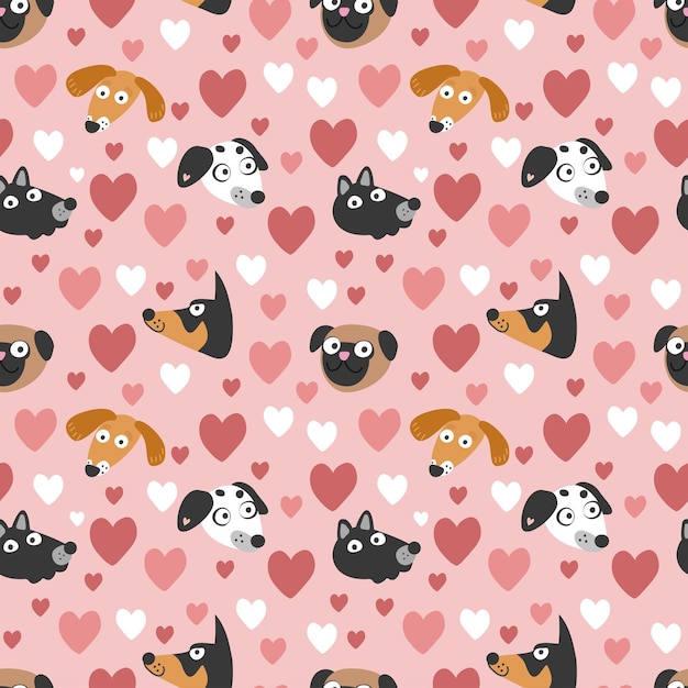 Caras y corazones de perros lindos Ilustración vectorial de patrones sin costuras