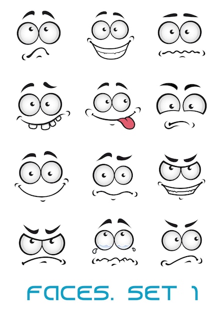 Vector caras de dibujos animados con diferentes emociones como felicidad, alegría, cómics, sorpresa, tristeza y diversión.