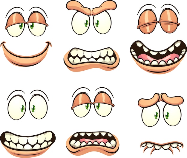 Vector caras de dibujos animados con diferentes expresiones y emociones.