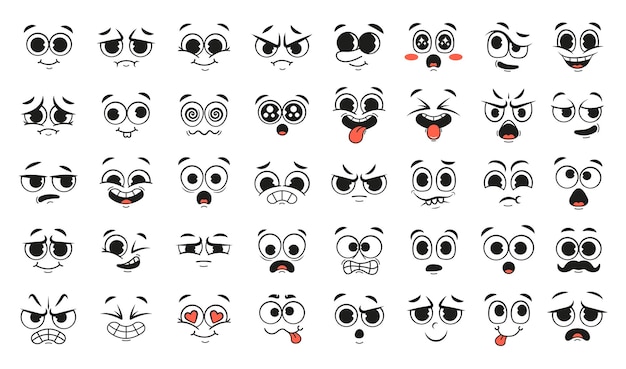 Vector caras de dibujos animados con diferentes expresiones faciales felices y sonrientes con los ojos y la boca