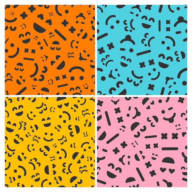 Caras de dibujos animados con emociones Conjunto de cuatro patrones sin fisuras con diferentes emoticonos