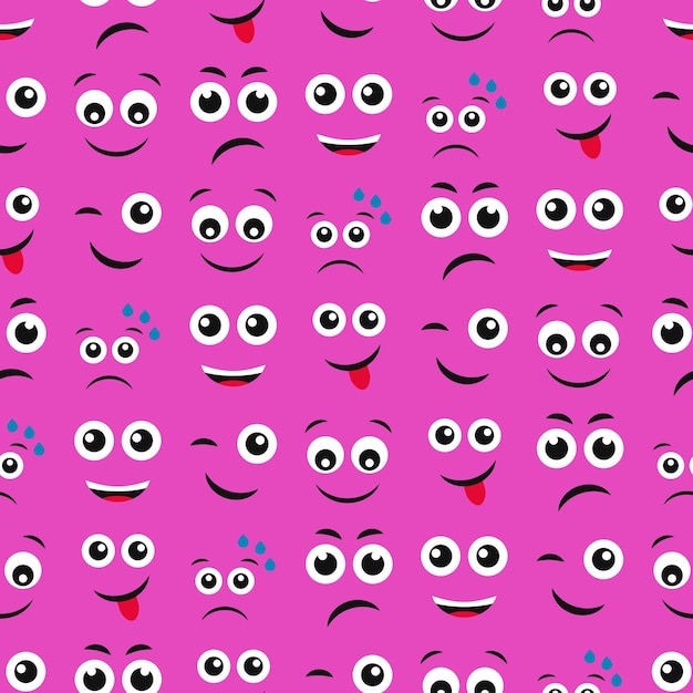 Caras de dibujos animados con emociones. Patrón sin fisuras con diferentes emoticonos sobre fondo morado