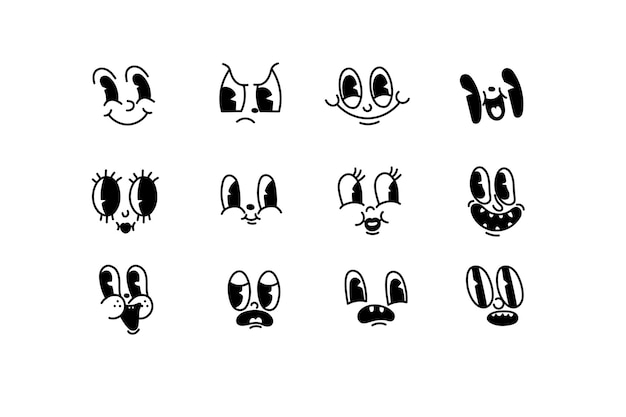 Caras de dibujos animados enfrentan emociones cómicas o emoticonos garabatos Conjunto de iconos de ilustración vectorial aislado
