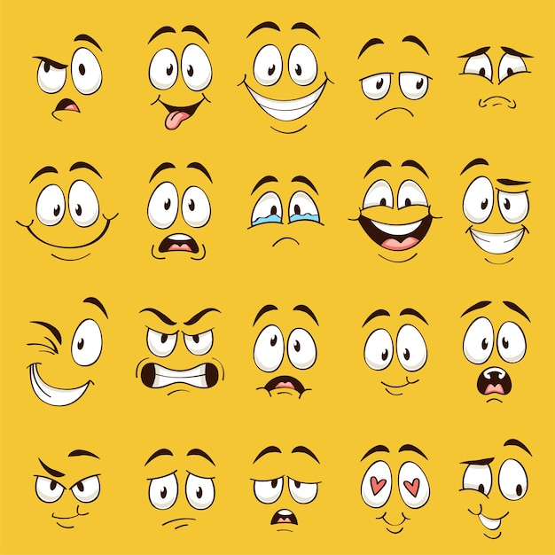 Vector caras de dibujos animados. expresiones de caras divertidas, emociones de caricatura. lindo personaje con diferentes ojos y boca expresivos, colección de emoticonos de lengua feliz