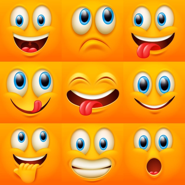 Caras de dibujos animados. Expresiones de caras divertidas, emociones de caricatura. Lindo personaje con diferentes ojos y boca expresivos, colección de emoticonos