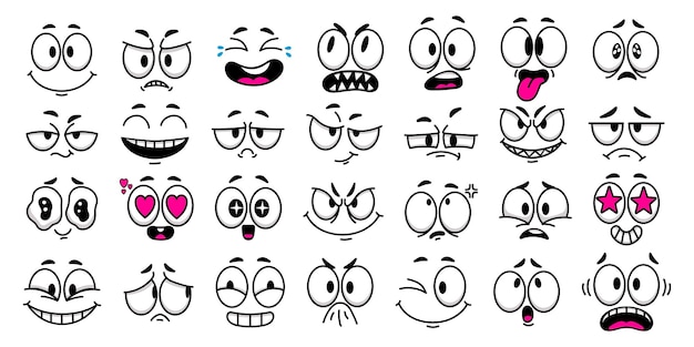 Vector caras de dibujos animados expresiones faciales para personajes de estilo antiguo retro o conjunto de ilustración de vector de mascota de animación de los años 70