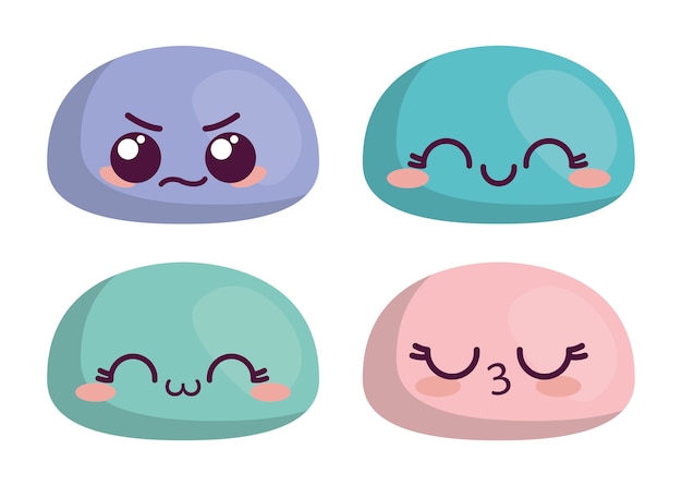 caras de dibujos animados kawaii sobre fondo blanco