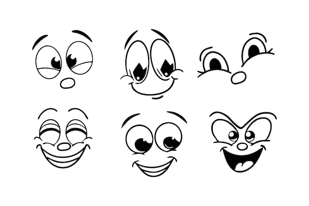 Caras de dibujos animados con ojos divertidos y símbolos de corazón Ilustración vectorial