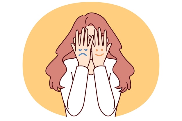 Las caras con diferentes estados de ánimo se representan en manos de mujeres que ocultan la cara por concepto de trastorno bipolar
