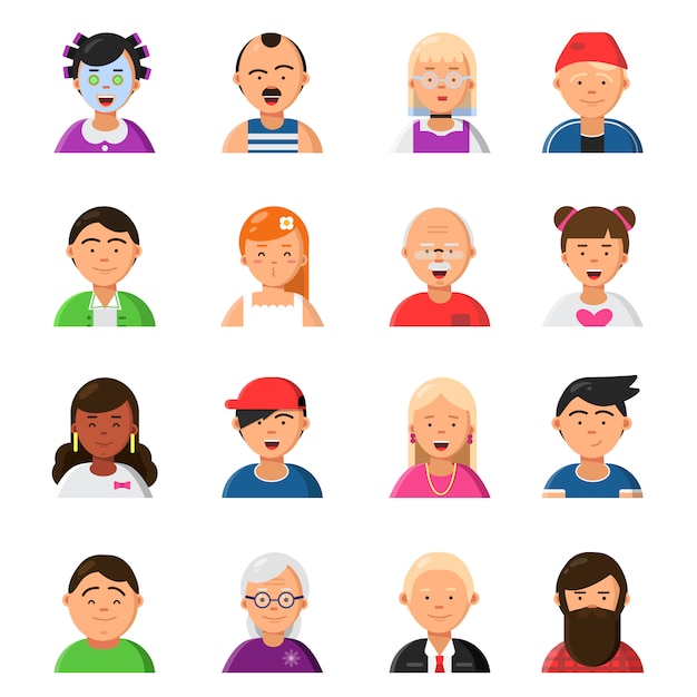 Caras divertidas de dibujos animados. Avatares en estilo plano.