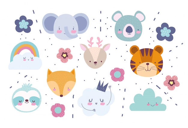 Vector caras elefante zorro tigre ciervo koala flores arco iris nubes dibujos animados animales lindos personajes fondo