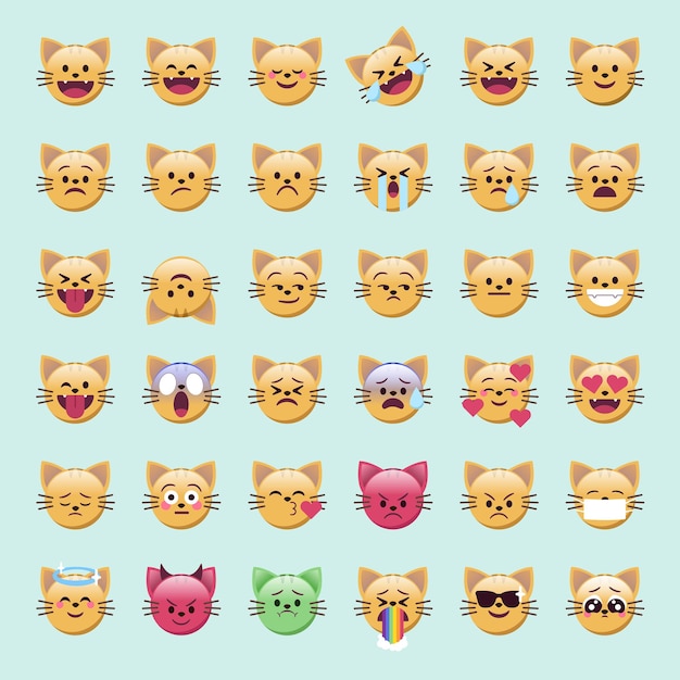 Caras emoji de gato con expresiones lindas para redes sociales