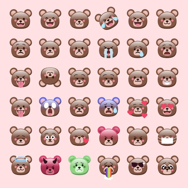 Caras de emoji de oso pardo con expresiones lindas para las redes sociales