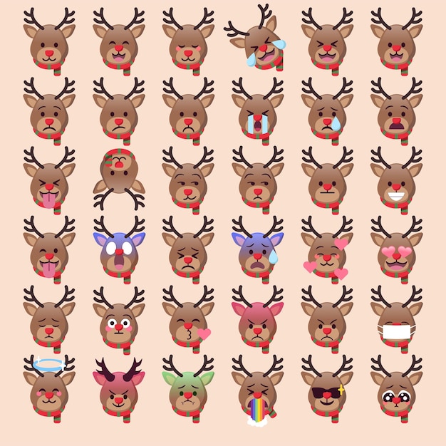 Caras de emoji de reno rudolph con expresiones lindas para las vacaciones navideñas en las redes sociales