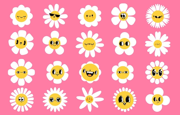 Vector caras de flores de dibujos animados carácter sonriente con pétalos cara de mascota de primavera con ojos y sonrisa conjunto de vectores de expresiones faciales groovy retro