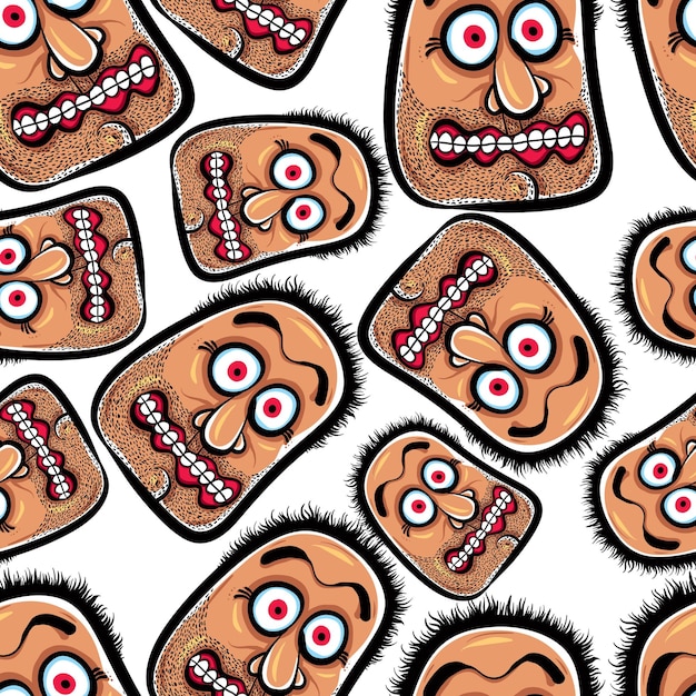 Caras de fondo transparente, patrón de estilo de dibujos animados de vector, líneas en blanco y negro ilustración dibujada a mano.