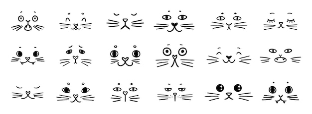 caras de gato divertidas dibujado a mano conjunto de iconos dibujado contorno dibujando gatos emociones diferente estado de ánimo feliz o triste línea clipart colección de símbolos