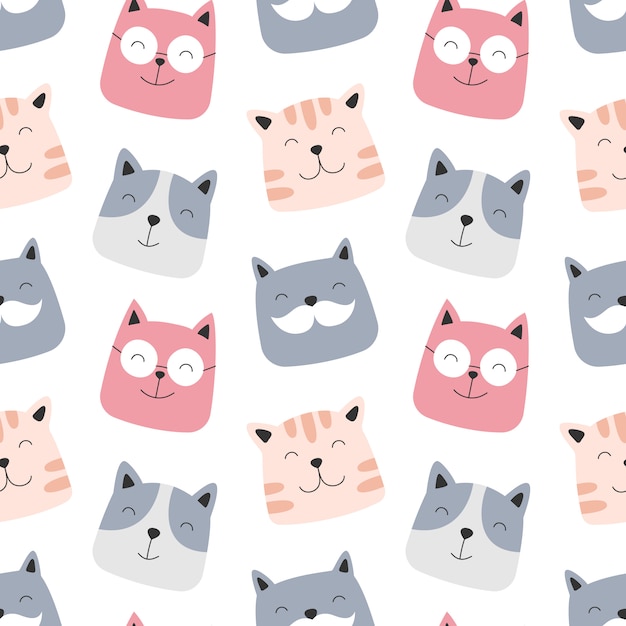 Caras de gatos lindos patrones sin fisuras en blanco
