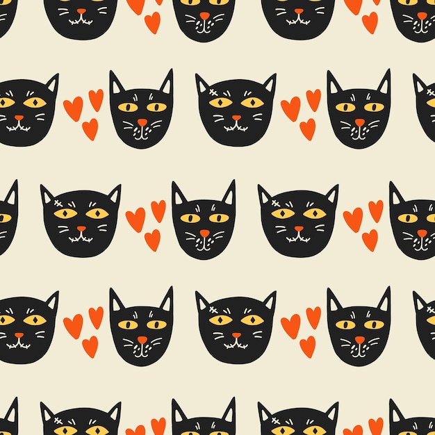 Vector caras de gatos negros con patrón de corazones