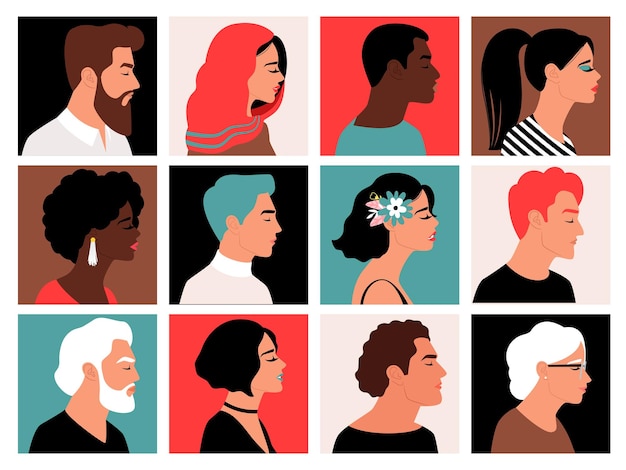 Caras laterales de personas. conjunto de rostros de perfil, mujeres musulmanas y negras, hombres jóvenes y barbudos encabezan personajes de avatares, personas simples de hombres y mujeres ilustraciones vectoriales