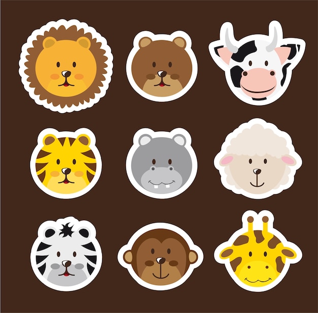 Caras lindas animales sobre fondo marrón ilustración vectorial