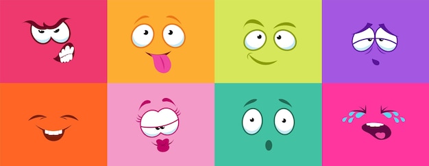 Vector caras lindas de dibujos animados. monstruo sonríe llorando enojado, tarjetas coloridas con smiley. personajes de cómic para niños ilustración vectorial. expresión de personaje divertido, emoticon de felicidad y llanto.