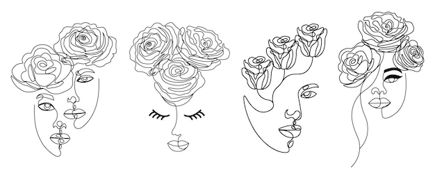 Caras de mujer de una línea con rosas de una sola línea