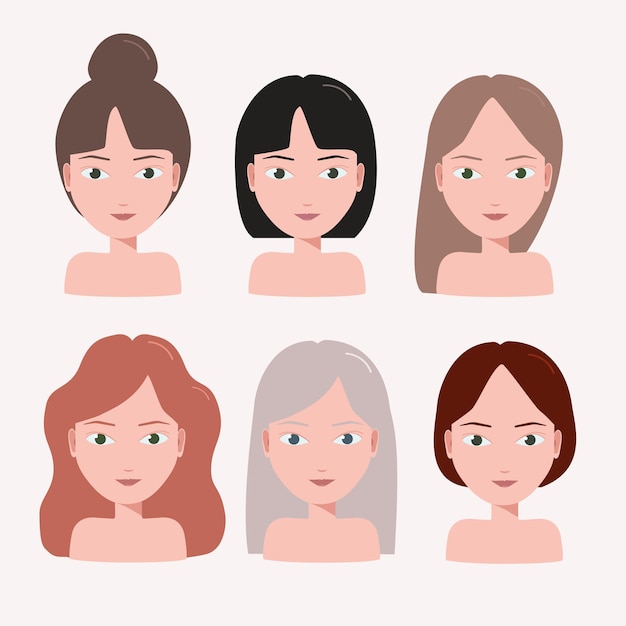 Caras de mujeres bastante jóvenes con varios estilos de cabello conjunto de ilustración de vector de belleza