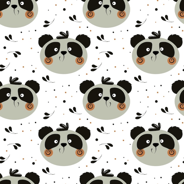 Caras de panda divertidas lindas de patrones sin fisuras sobre un fondo con hojas y puntos Imprimir para niños