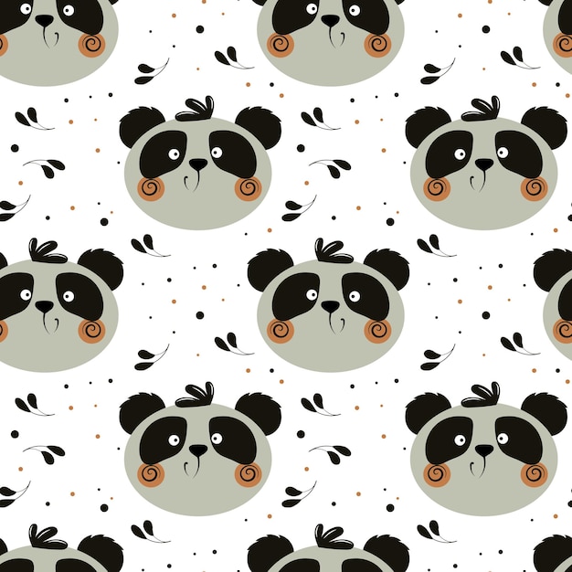 Caras de panda divertidas lindas de patrones sin fisuras sobre un fondo con hojas y puntos imprimir para niños